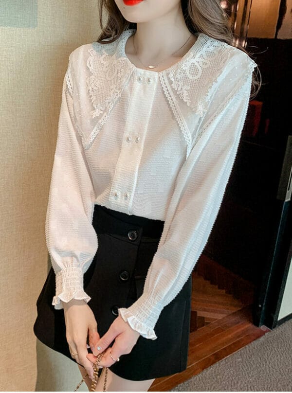 Korea Lace Flowers Doll Collar Long Sleeve Blouse 1