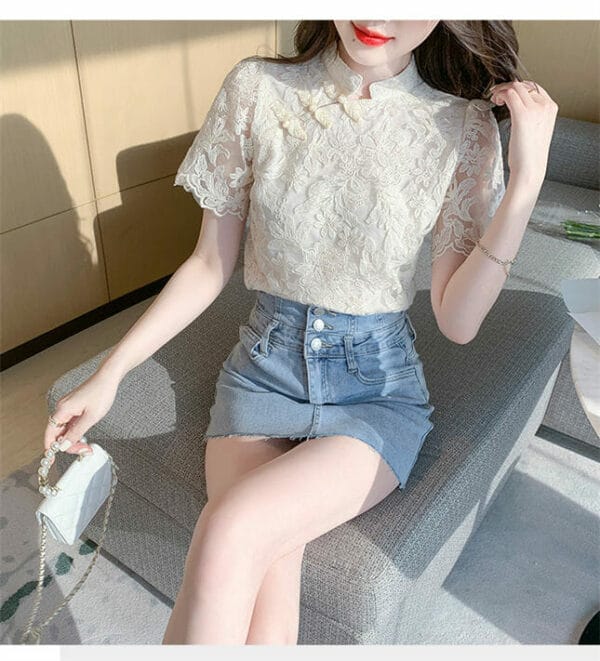 Korea Lace Flowers Embroidery Short Sleeve Blouse 5