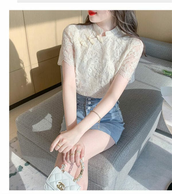 Korea Lace Flowers Embroidery Short Sleeve Blouse 4