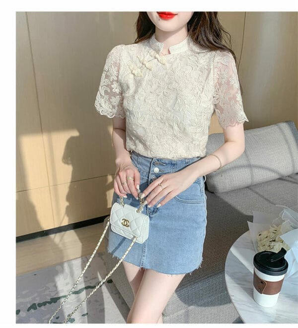 Korea Lace Flowers Embroidery Short Sleeve Blouse 3