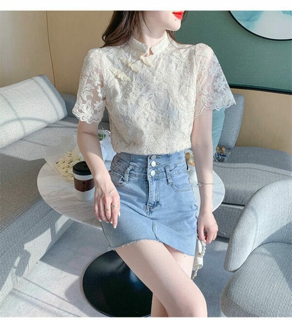 Korea Lace Flowers Embroidery Short Sleeve Blouse 2