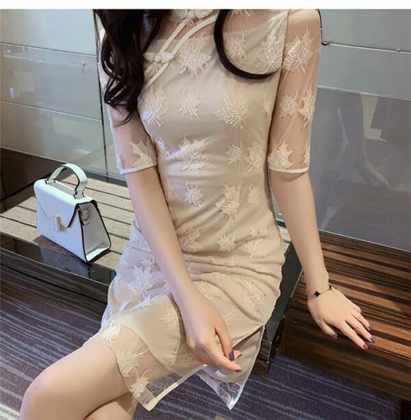 Korea Lace Flowers Slim Cheongsam Dress 3