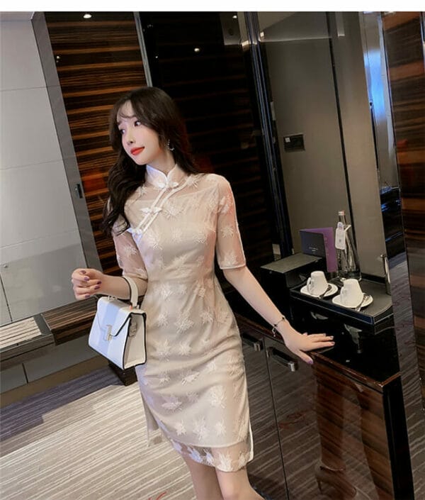 Korea Lace Flowers Slim Cheongsam Dress 2