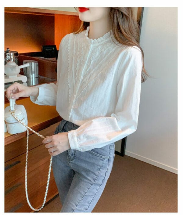 Korea Lace Flowers Stand Collar Puff Sleeve Blouse 4