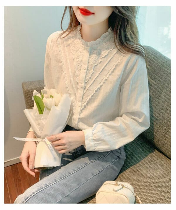 Korea Lace Flowers Stand Collar Puff Sleeve Blouse 3