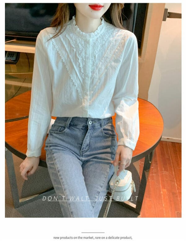 Korea Lace Flowers Stand Collar Puff Sleeve Blouse 2