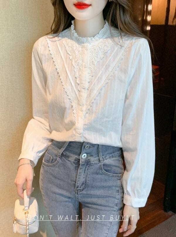 Korea Lace Flowers Stand Collar Puff Sleeve Blouse 1