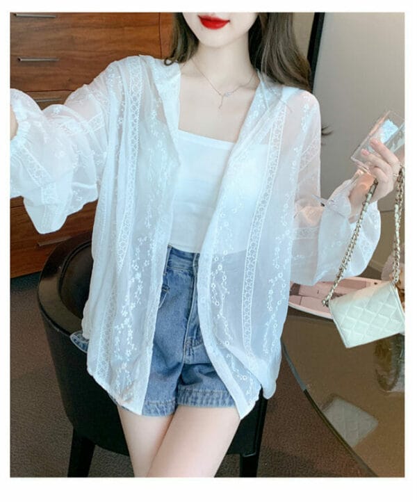 Korea Lace Flowers Sun Block Hooded Blouse 3