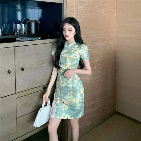 Korea Lace Split Flowers Cheongsam Dress 2