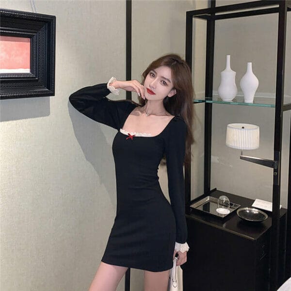 Korea Lace Sqaure Collar Slim Cotton Dress 2