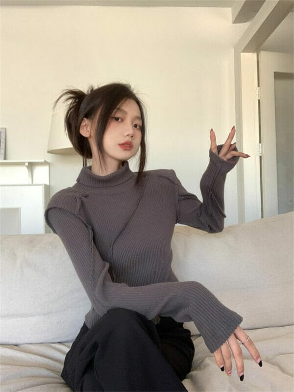 Korea New 2 Colors Stand Collar Slim Knitting T-shirt 4