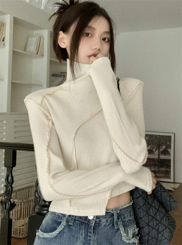 Korea New 2 Colors Stand Collar Slim Knitting T-shirt 1