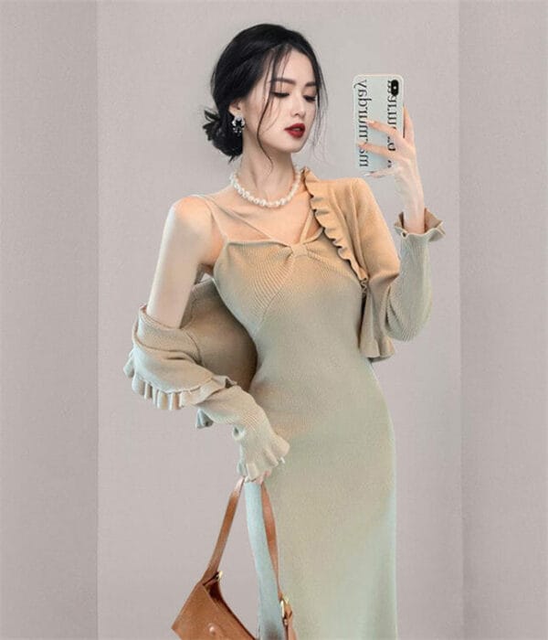 Korea New 3 Colors Flouncing Tops with Halter Knitting Dress 4