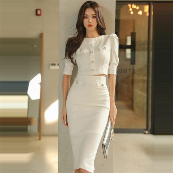 Korea New Fashion High Waist Single-breasted Slim Dress Set 3