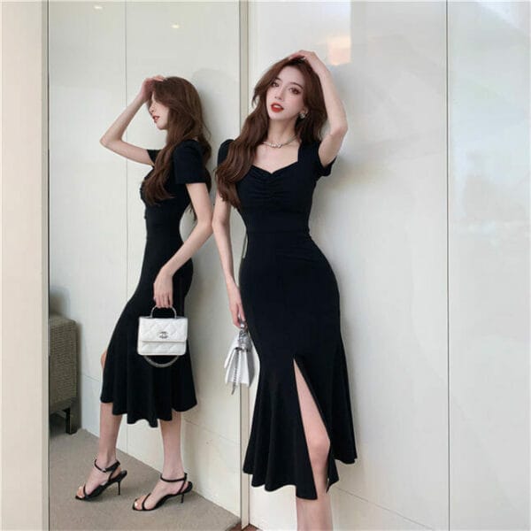 Korea New High Waist Split Fishtail Bodycon Cotton Dress 4