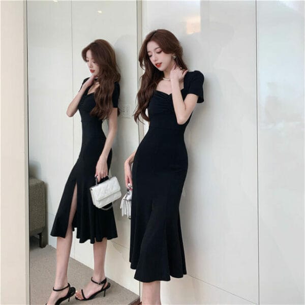 Korea New High Waist Split Fishtail Bodycon Cotton Dress 3
