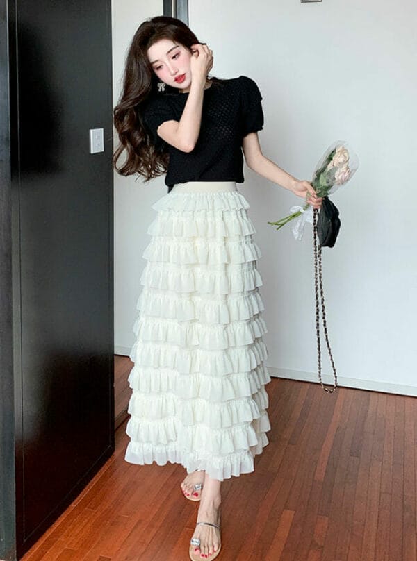 Korea New Knitting Tops with Layered Flouncing Long Skirt 3