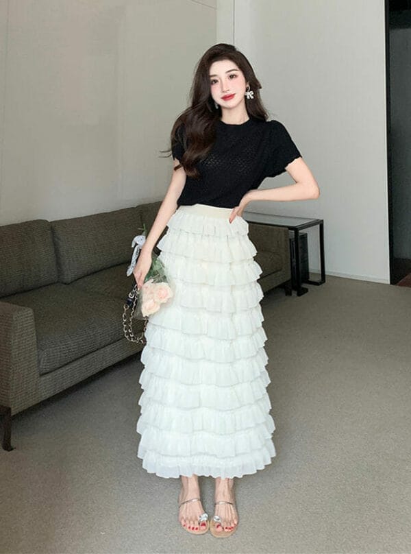 Korea New Knitting Tops with Layered Flouncing Long Skirt 2