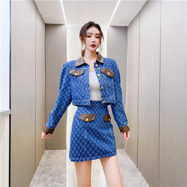 Korea New Leather Splicing Shirt Collar Denim Slim Dress Set 4