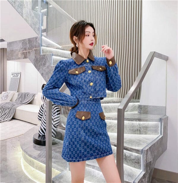 Korea New Leather Splicing Shirt Collar Denim Slim Dress Set 3