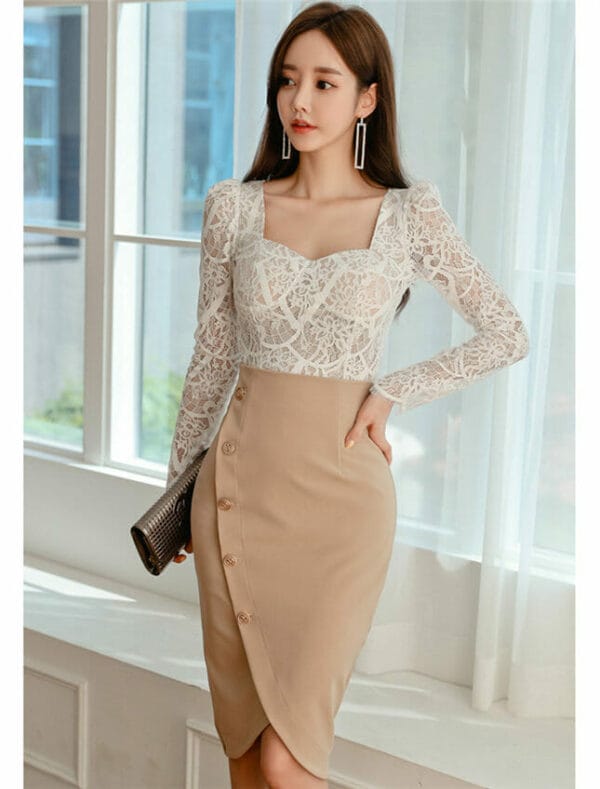 Korea OL 2 Colors Lace Blouse with Single-breasted Skirt 6