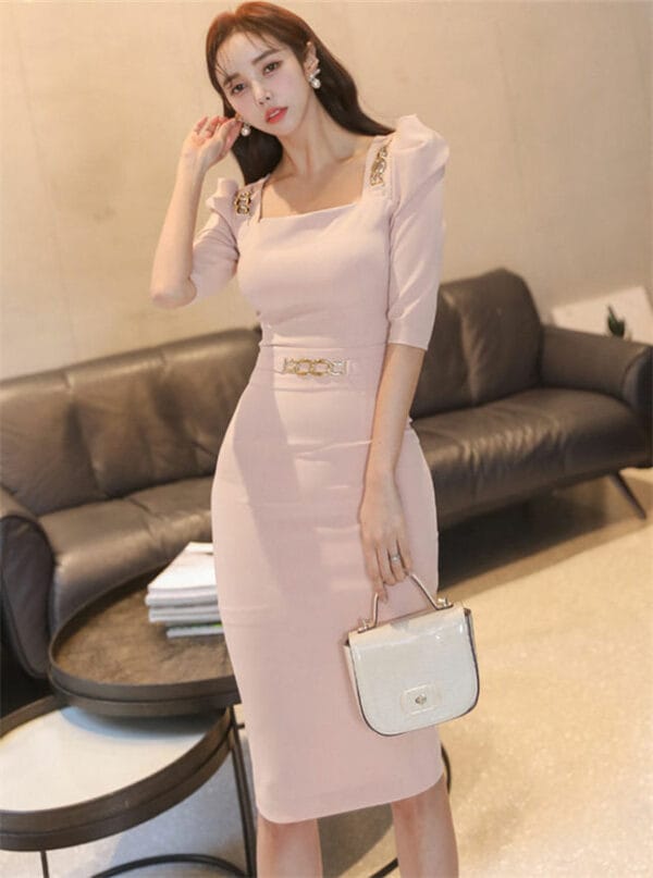 Korea OL Chain Square Collar High Waist Slim Dress Set 1