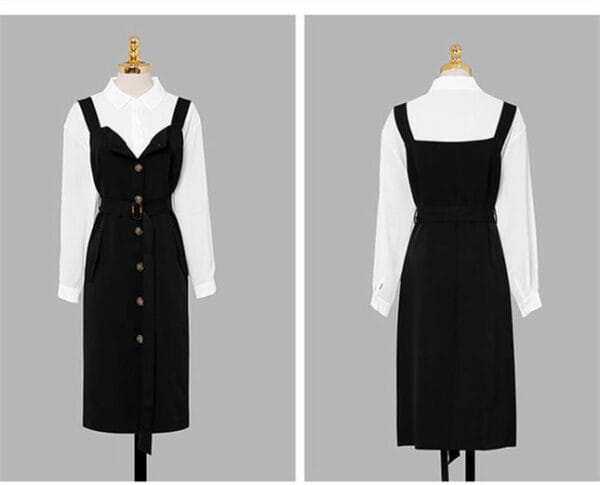 Korea OL Doll Collar Blouse with Single-breasted Straps Dress 5