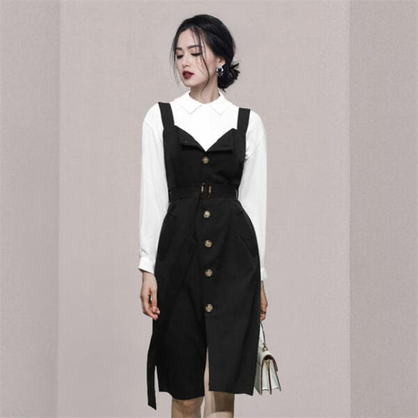 Korea OL Doll Collar Blouse with Single-breasted Straps Dress 4