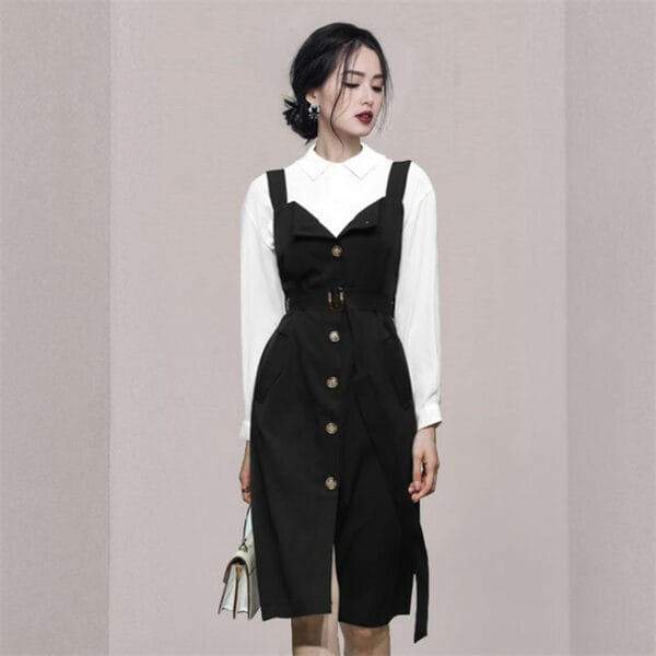 Korea OL Doll Collar Blouse with Single-breasted Straps Dress 3