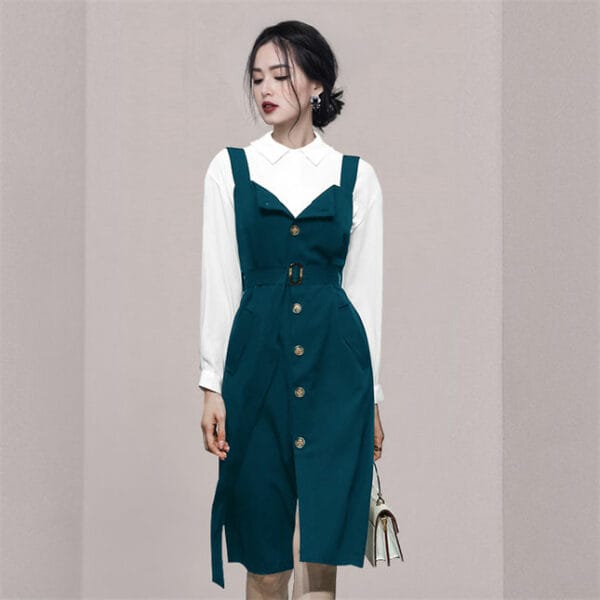 Korea OL Doll Collar Blouse with Single-breasted Straps Dress 2