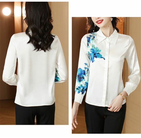 Korea OL Fashion Flowers Printings Long Sleeve Silk Blouse 5
