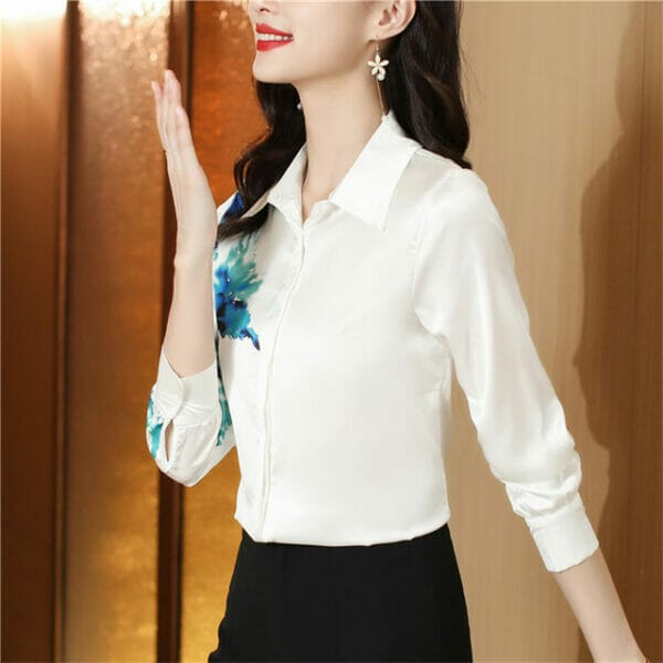 Korea OL Fashion Flowers Printings Long Sleeve Silk Blouse 3
