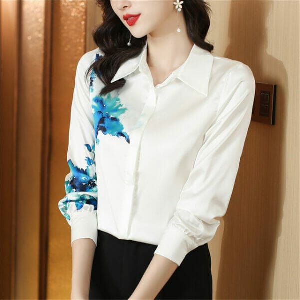 Korea OL Fashion Flowers Printings Long Sleeve Silk Blouse 2
