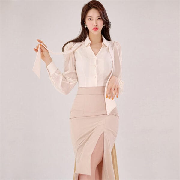 Korea OL Fashion Lace Sleeve Blouse with Split Midi Skirt 4