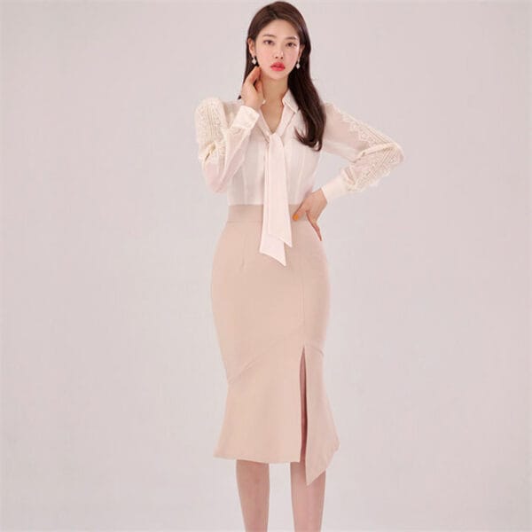 Korea OL Fashion Lace Sleeve Blouse with Split Midi Skirt 3