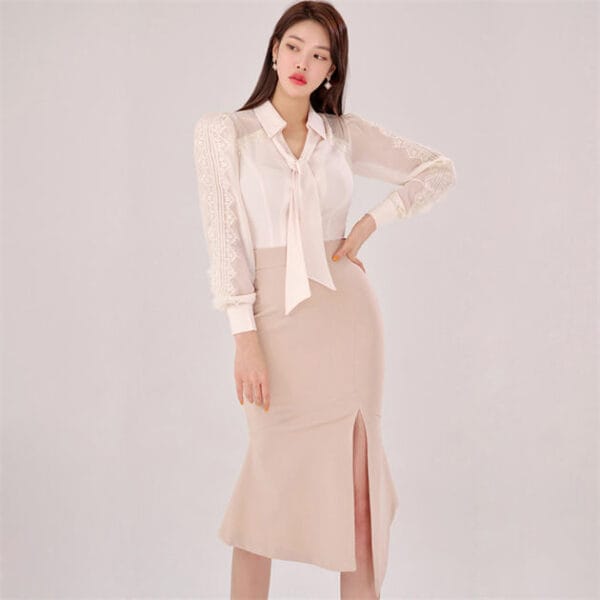 Korea OL Fashion Lace Sleeve Blouse with Split Midi Skirt 2