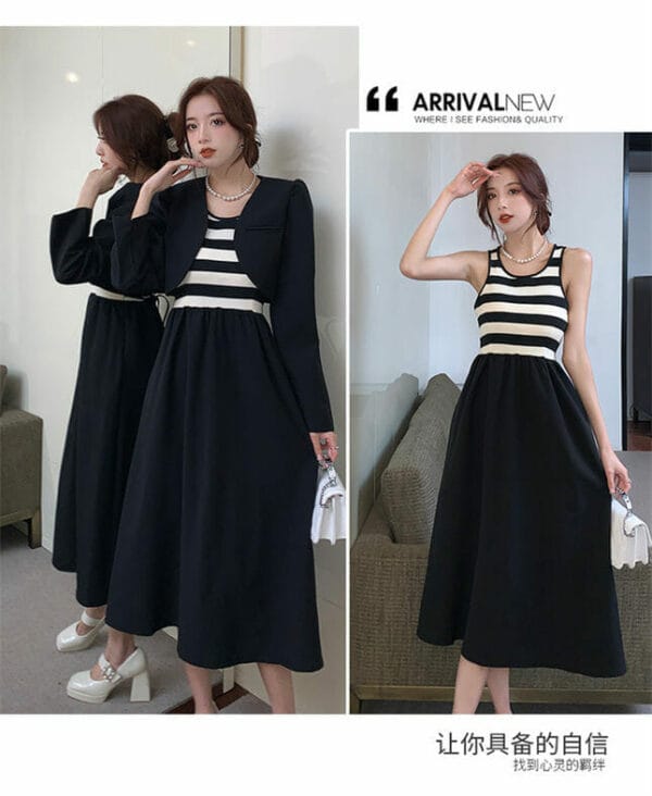 Korea OL Fashion Short Coat with Stripes Splicing Tank Dress 4