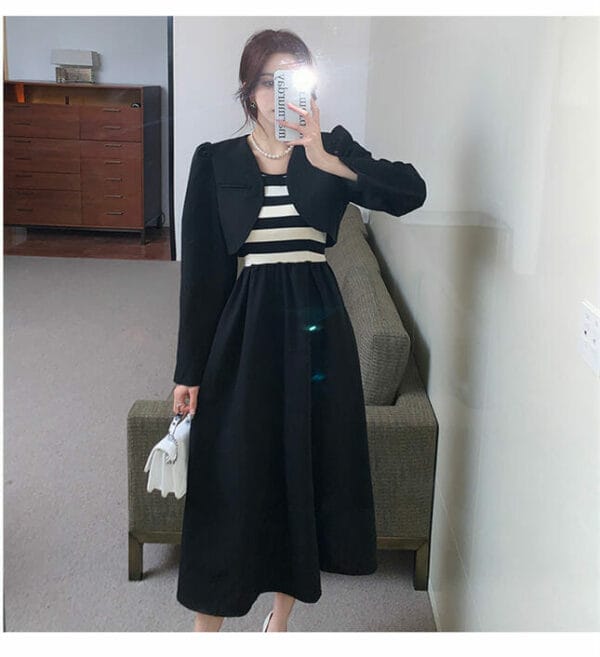Korea OL Fashion Short Coat with Stripes Splicing Tank Dress 2