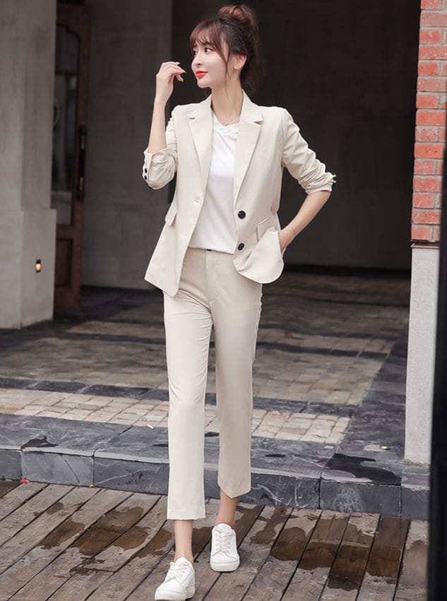 Korea OL Fashion Tailored Collar Slim Two Pieces Long Suits • Seoulinspired