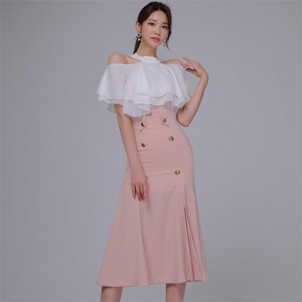 Korea OL Flouncing Off Shoulder Blouse with Split Fishtail Skirt 4