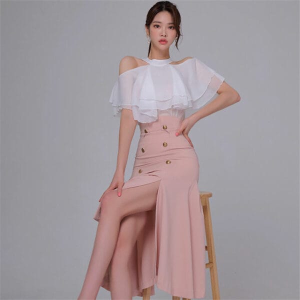 Korea OL Flouncing Off Shoulder Blouse with Split Fishtail Skirt 3