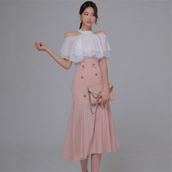 Korea OL Flouncing Off Shoulder Blouse with Split Fishtail Skirt 2