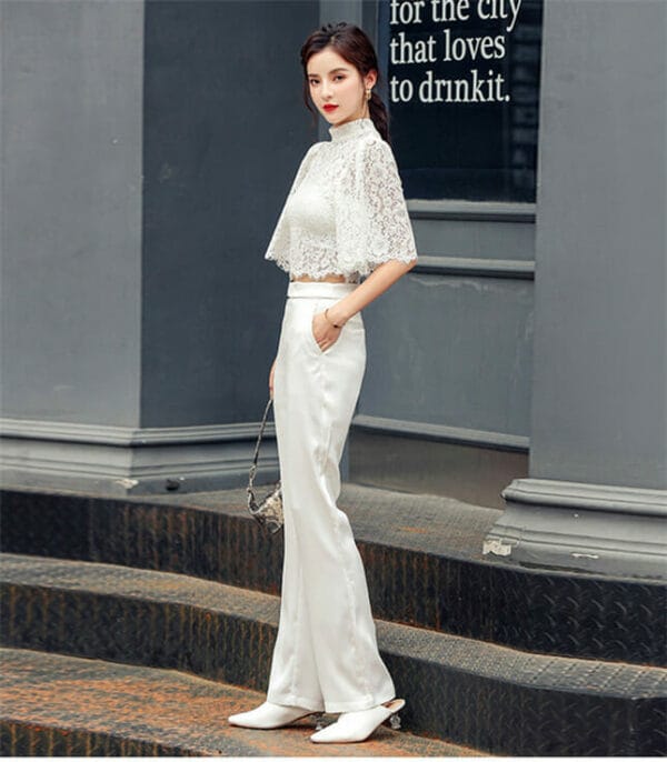 Korea OL Lace Blouse with High Waist Straight Long Pants 4