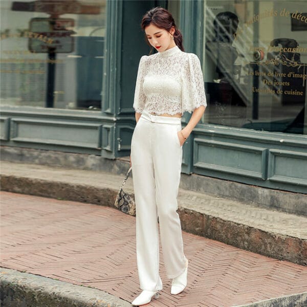 Korea OL Lace Blouse with High Waist Straight Long Pants 2