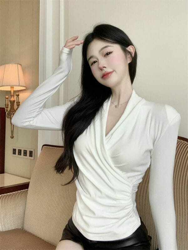 Korea OL Pleated V-neck Slim Long Sleeve T-shirts 5