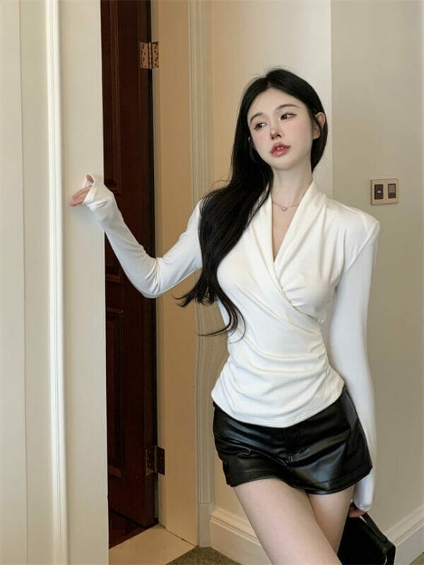 Korea OL Pleated V-neck Slim Long Sleeve T-shirts 2