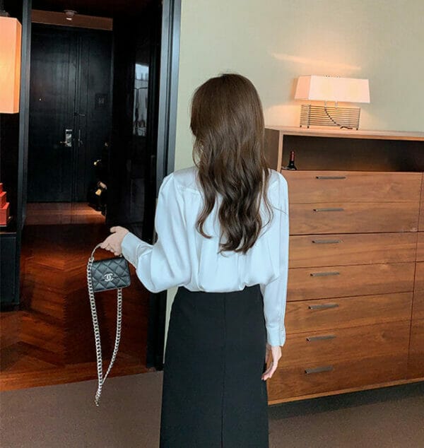 Korea OL Shirt Collar Pleated Loosen Puff Sleeve Blouse 5