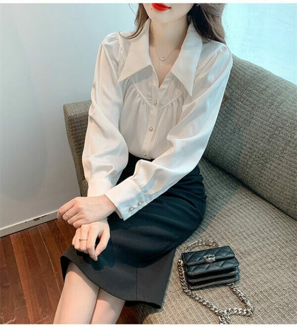 Korea OL Shirt Collar Pleated Loosen Puff Sleeve Blouse 3