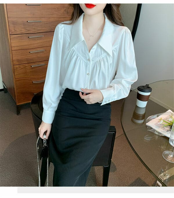 Korea OL Shirt Collar Pleated Loosen Puff Sleeve Blouse 2