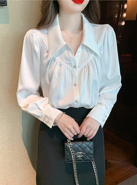 Korea OL Shirt Collar Pleated Loosen Puff Sleeve Blouse • Seoulinspired